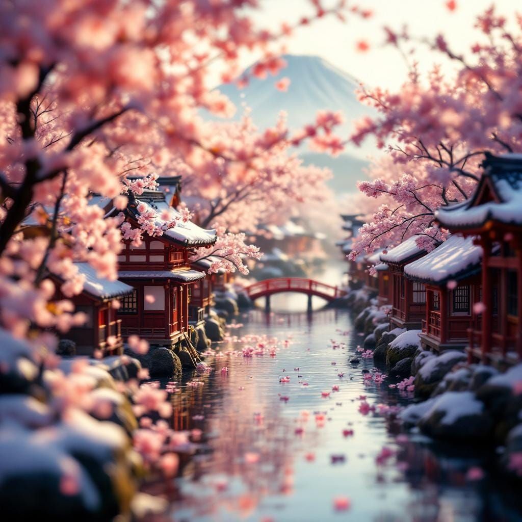 Miniature Japanese Village with Sakura and Snow