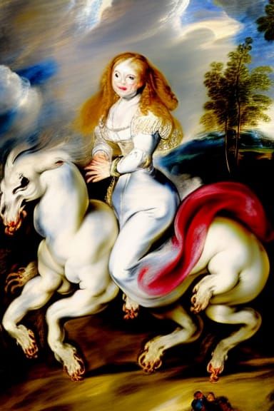 Redhead in Folk Dress Riding Dragon, Baroque Style