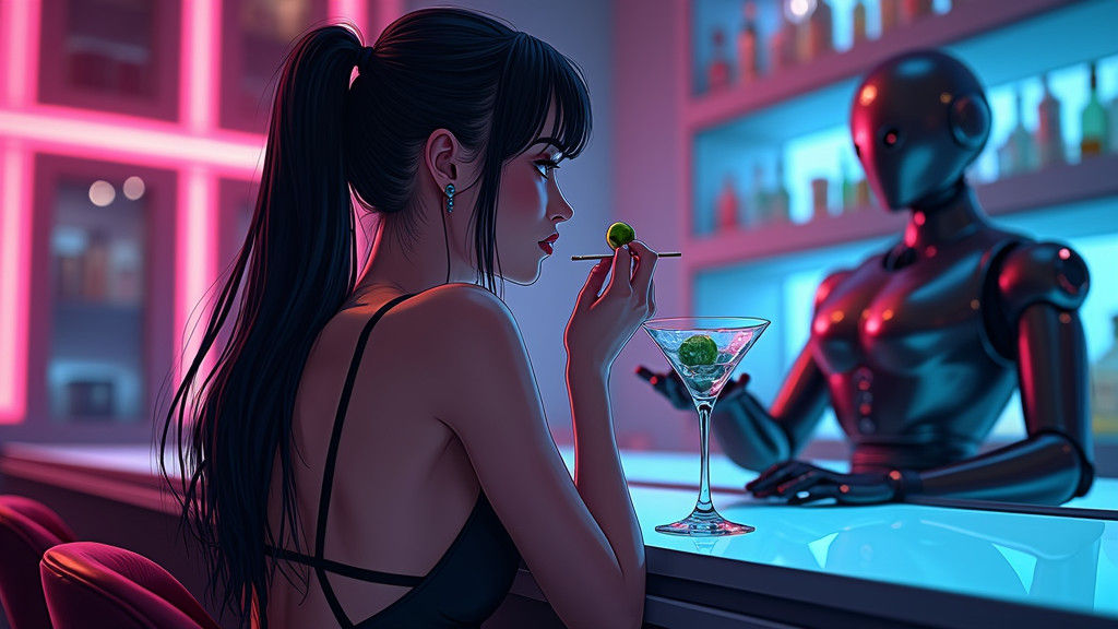 Elegant Woman in Neon Lounge: Anime-Style Digital Art