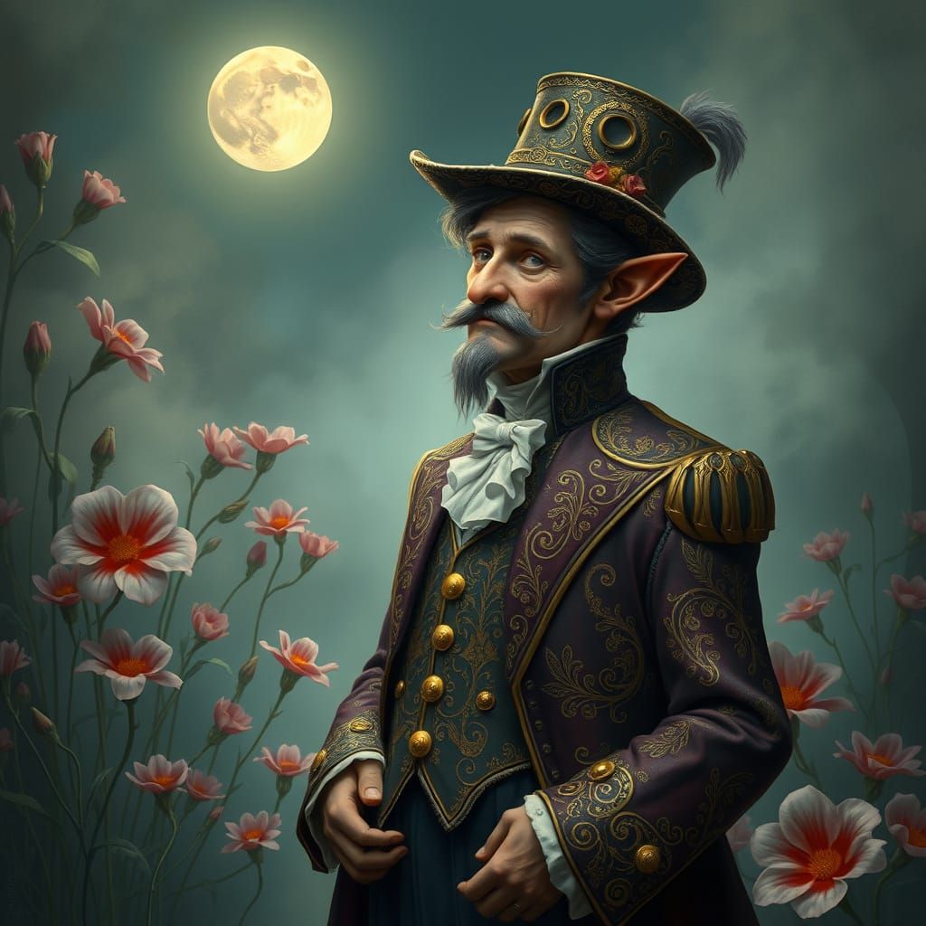 Ornate Gentleman in Moonlit Garden, Mystical Realism