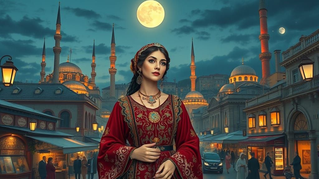 Ethereal Ottoman Enchantress in Istanbul's Moonlit Streets