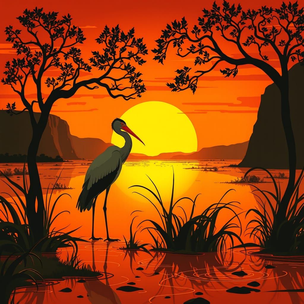 Art Nouveau Herons in Glowing Kakadu Wetlands