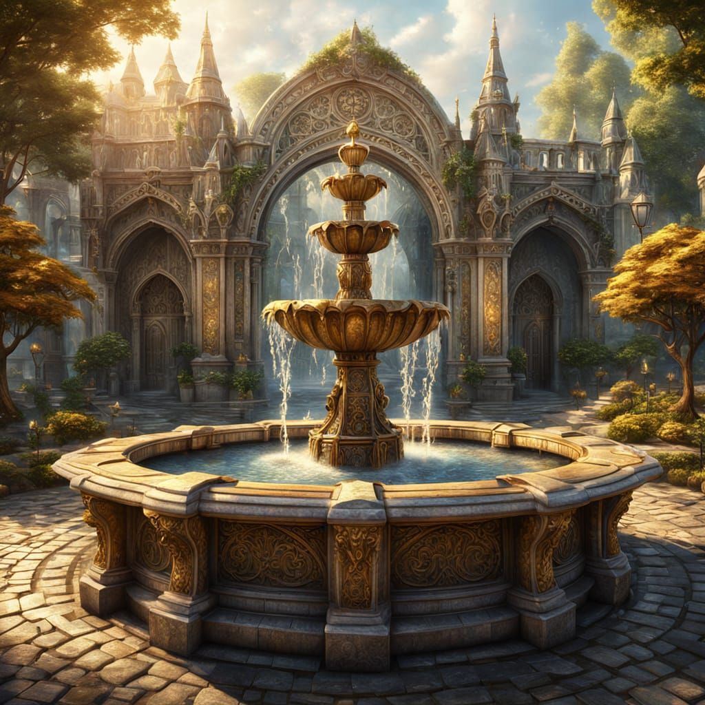 Elegant Fountain in Elven City: Oil Painting