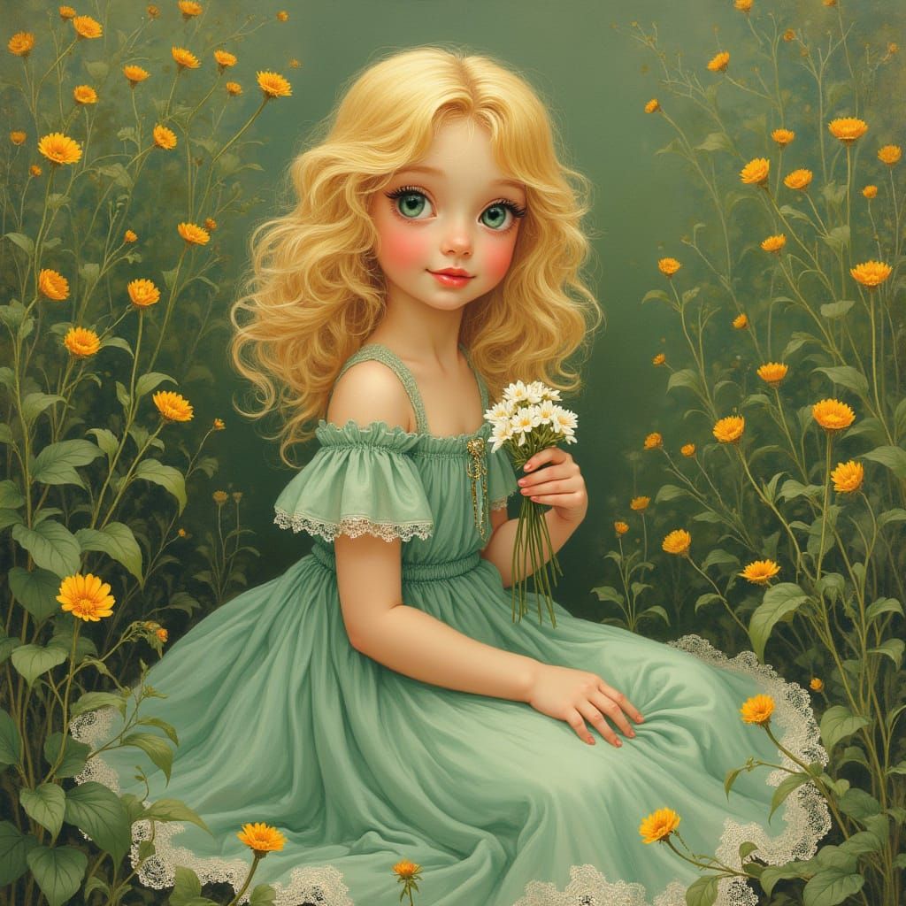 Elegant Blonde Girl in Green Dress, Holding Lilies in a Sunn...