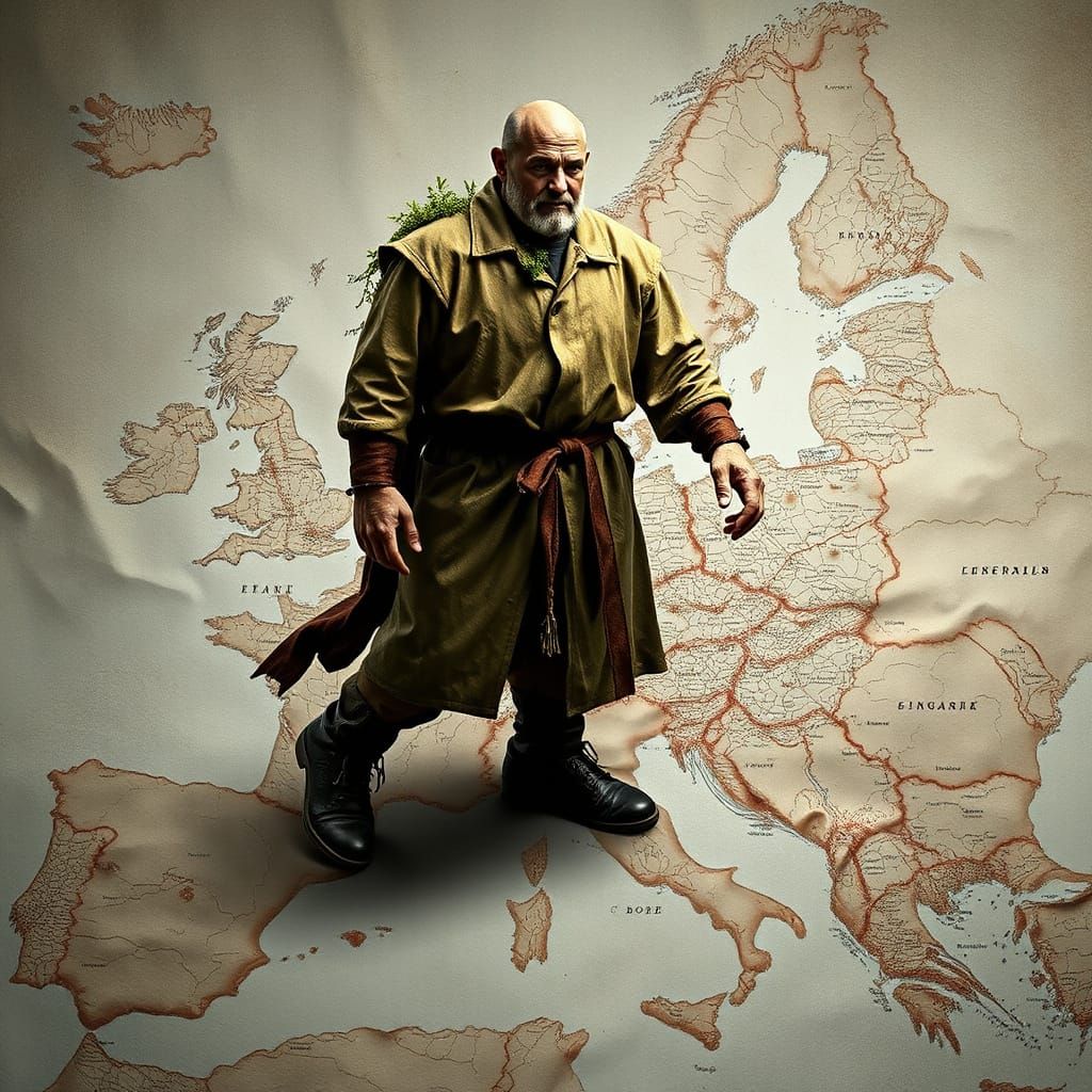 Surreal Giant Walks Across Distorted Europe Map