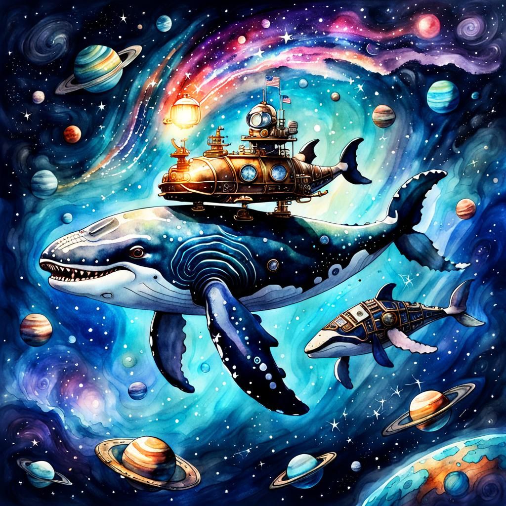 Pixar Steampunk Whale in Space Watercolor