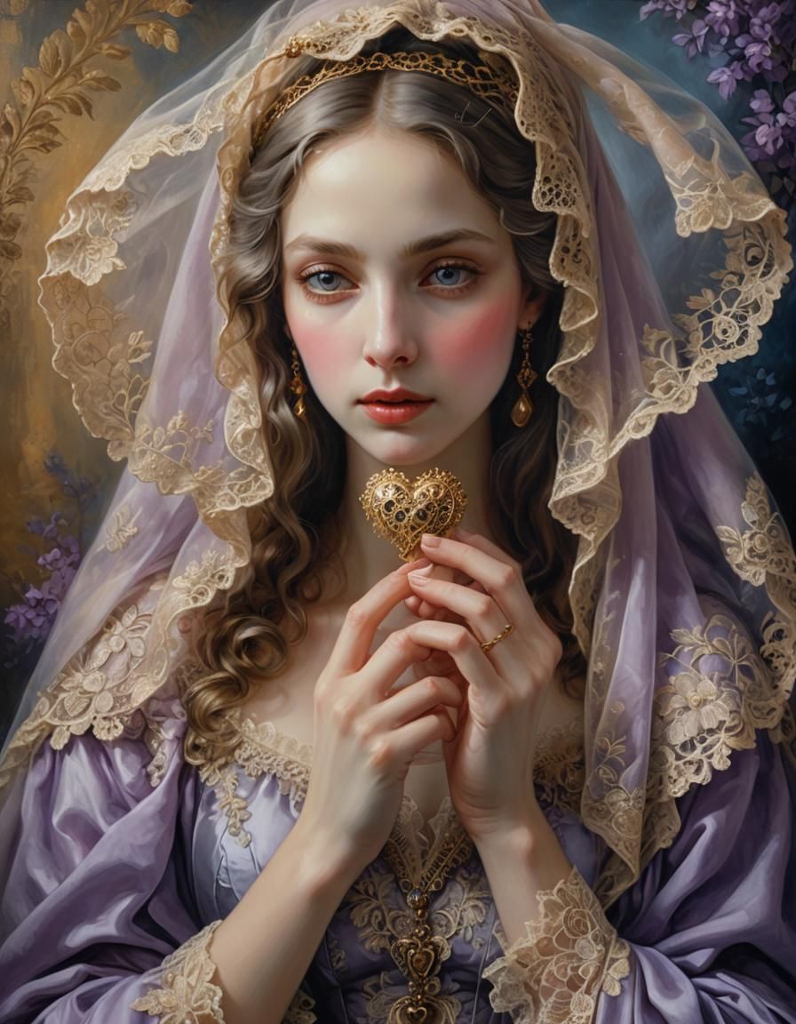 Mysterious Woman in Lilac: Symbolism Oil Painting