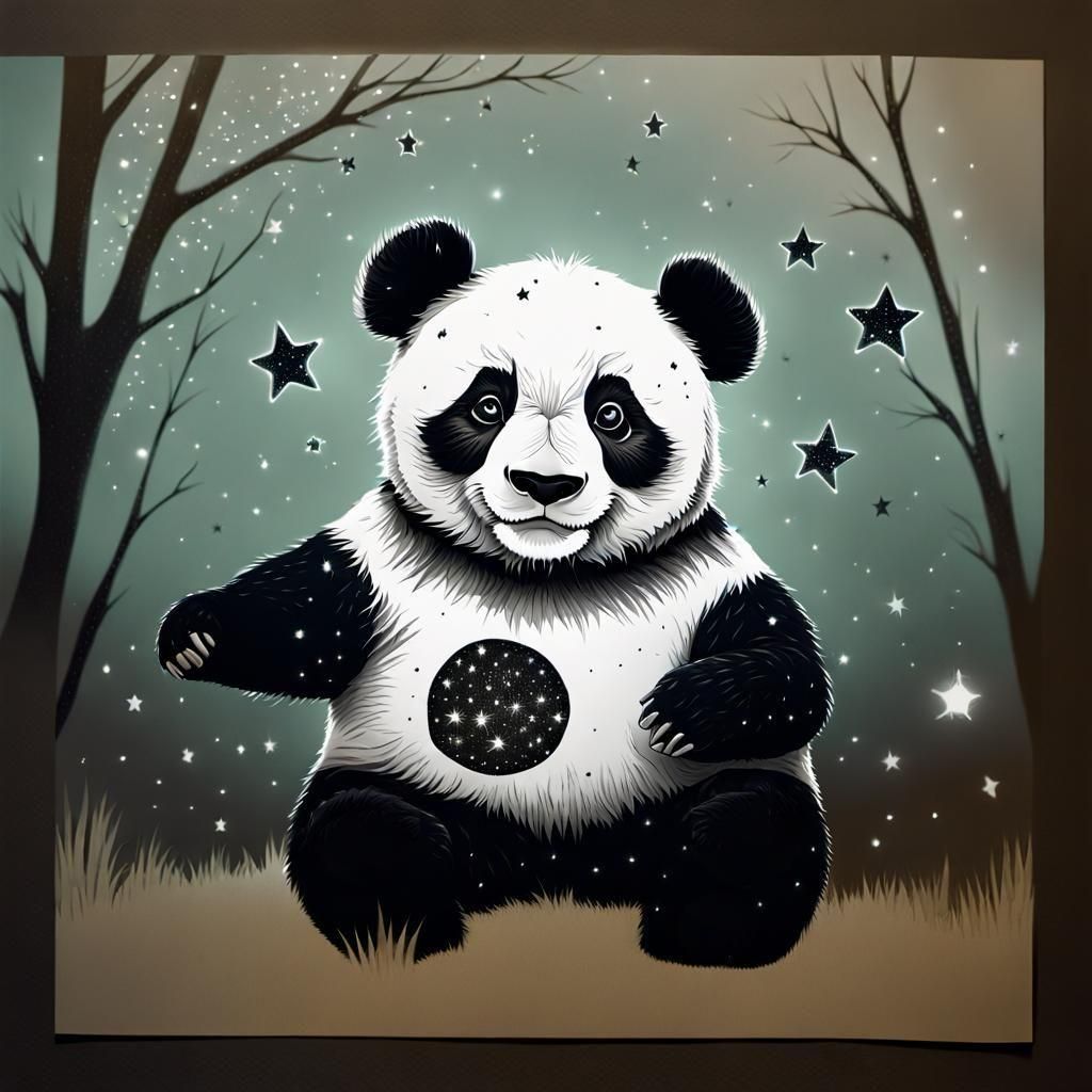 Haunted Panda in Black and White Charcoal Drawing