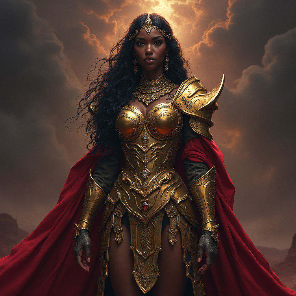 Majestic Black Woman Goddess in Golden Armor