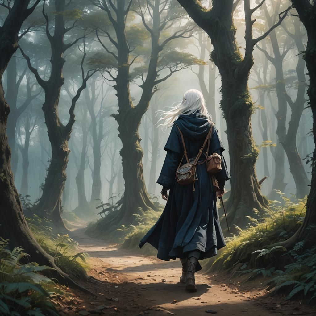 Half-Elf Traveler in Misty Forest: Anime Art