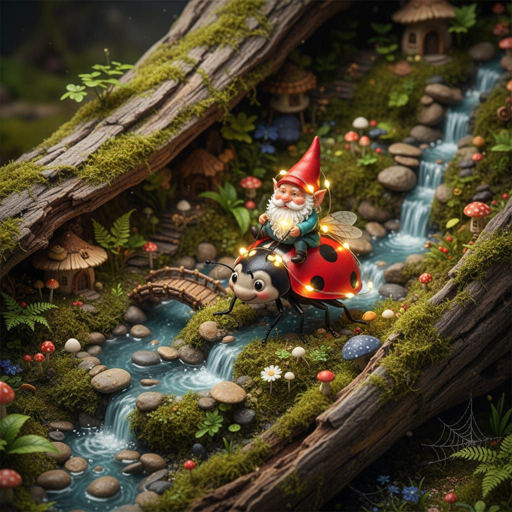 Mischievous Gnome Rides Ladybug Through Miniature Kingdom
