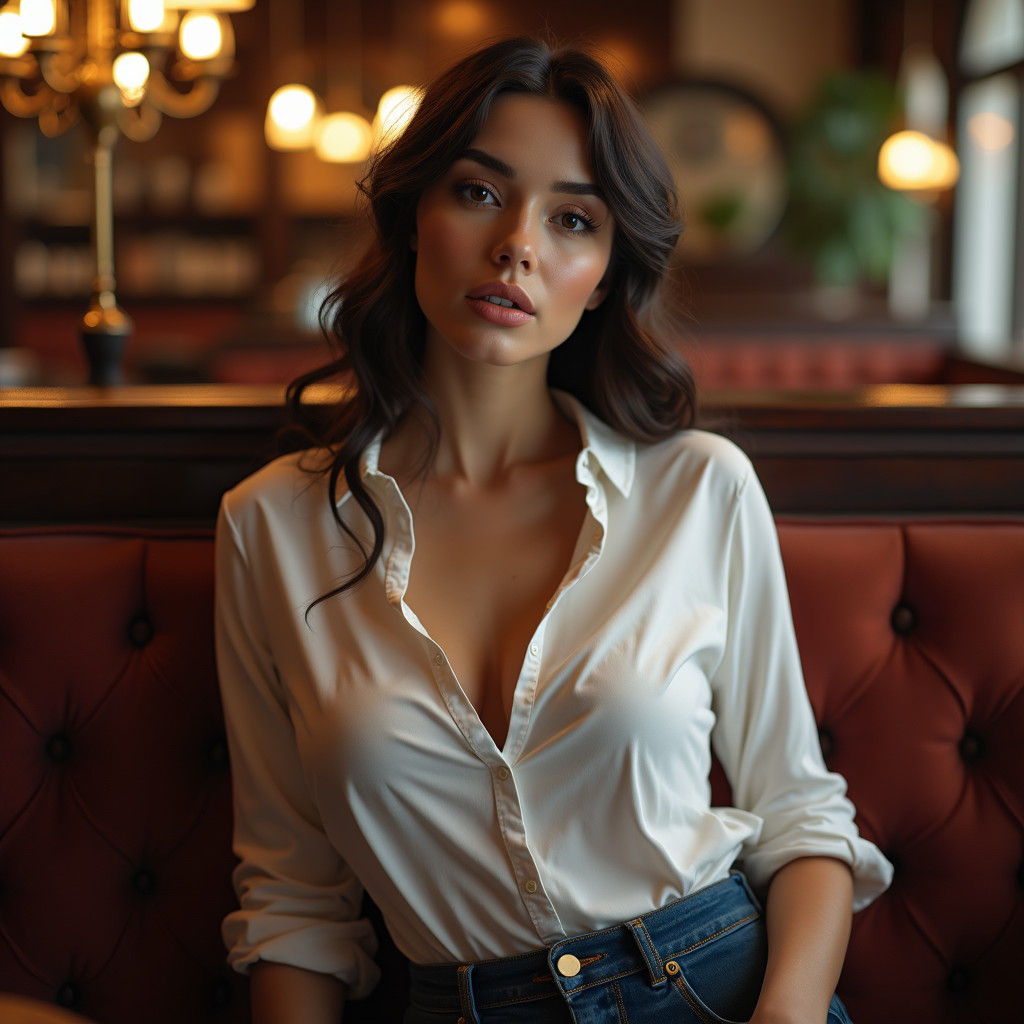A woman with a curvaceous figure and ample bustline, dressed in a crisp white button-up shirt with delicate folds and su...