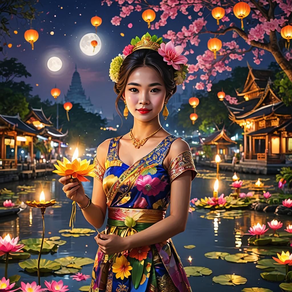 Thai-Korean Woman with Krathong in Bangkok: 3D Anime Art