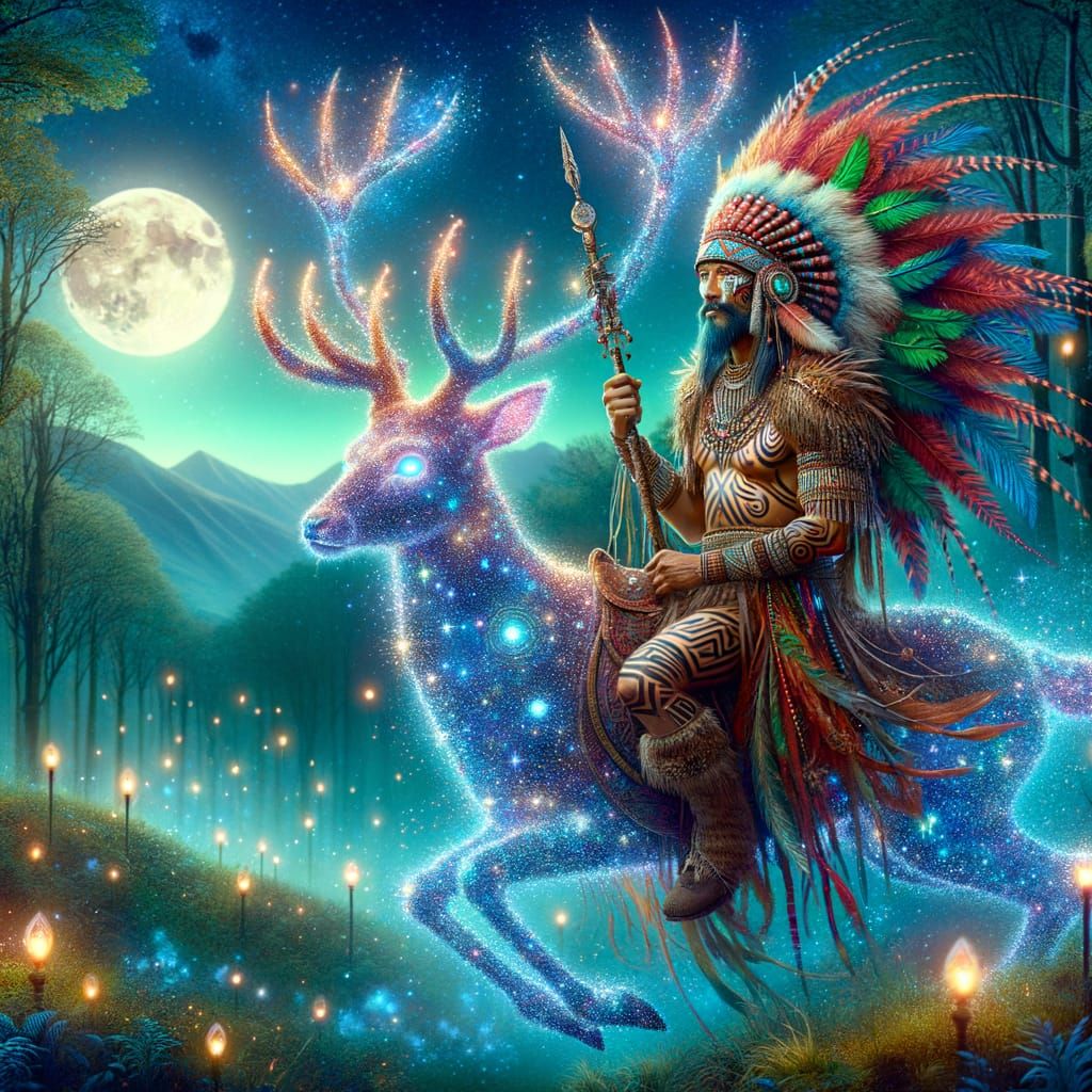 Tribal Warrior on Stardust Deer in Magical Forest