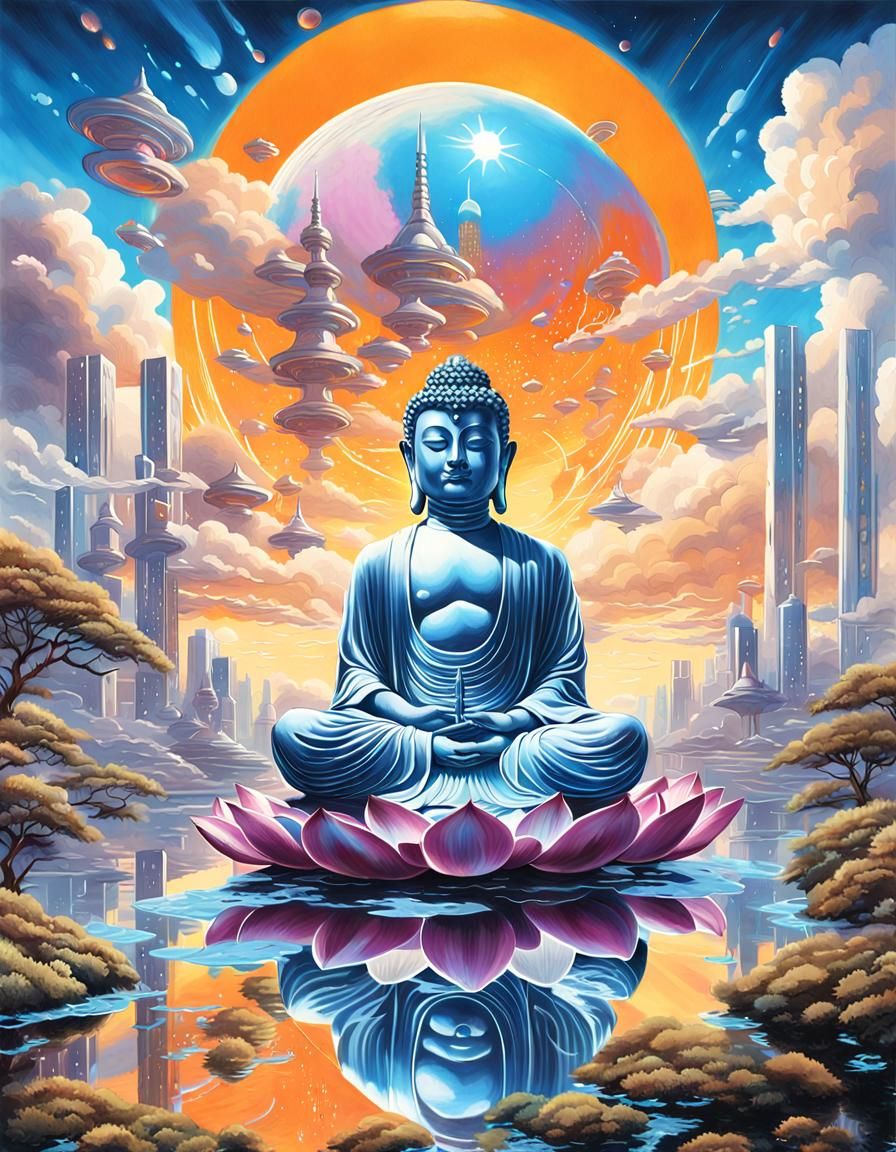 Retro-Futuristic Buddha in Astral Landscape, Digital Art