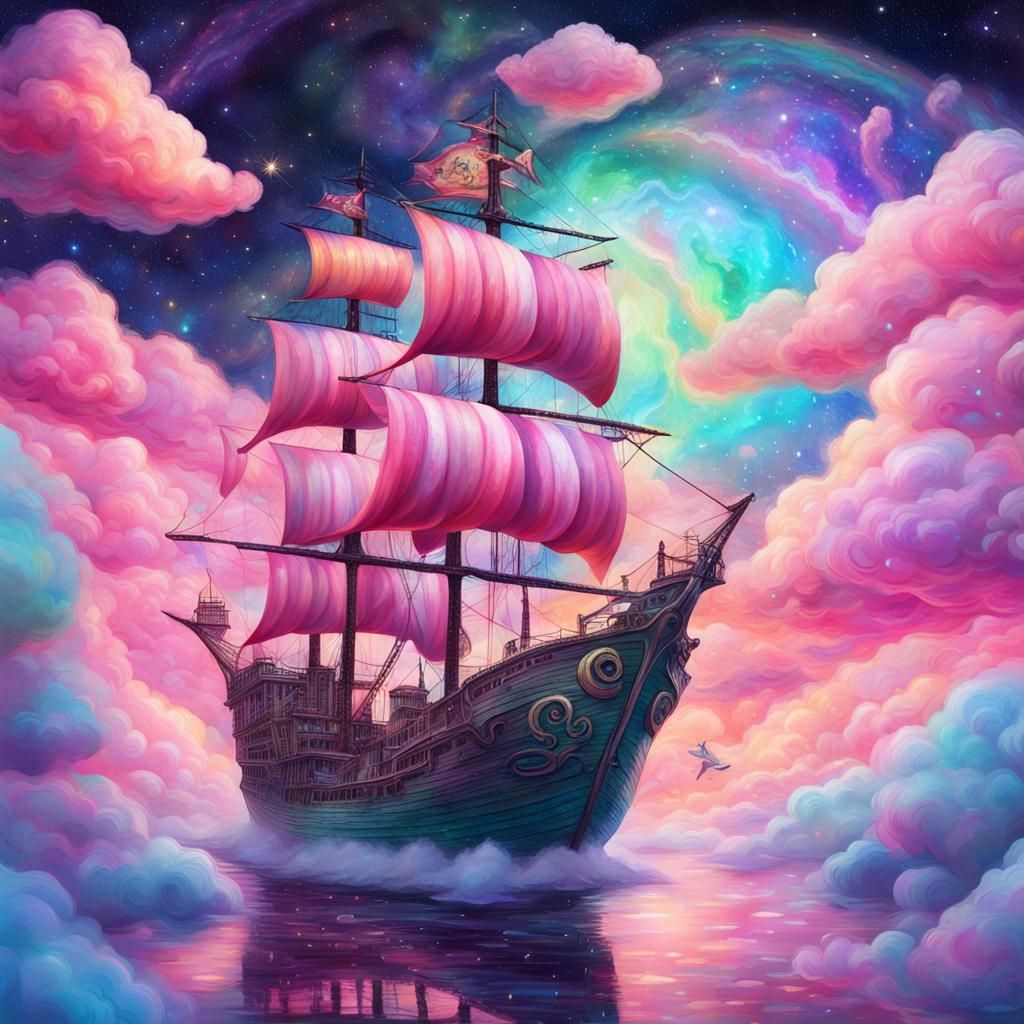 Tulip Cats Pirate Ship in Pastel Clouds