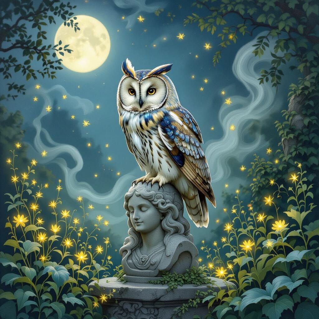 Iridescent Owl in Moonlit Garden, Botanical Illustration