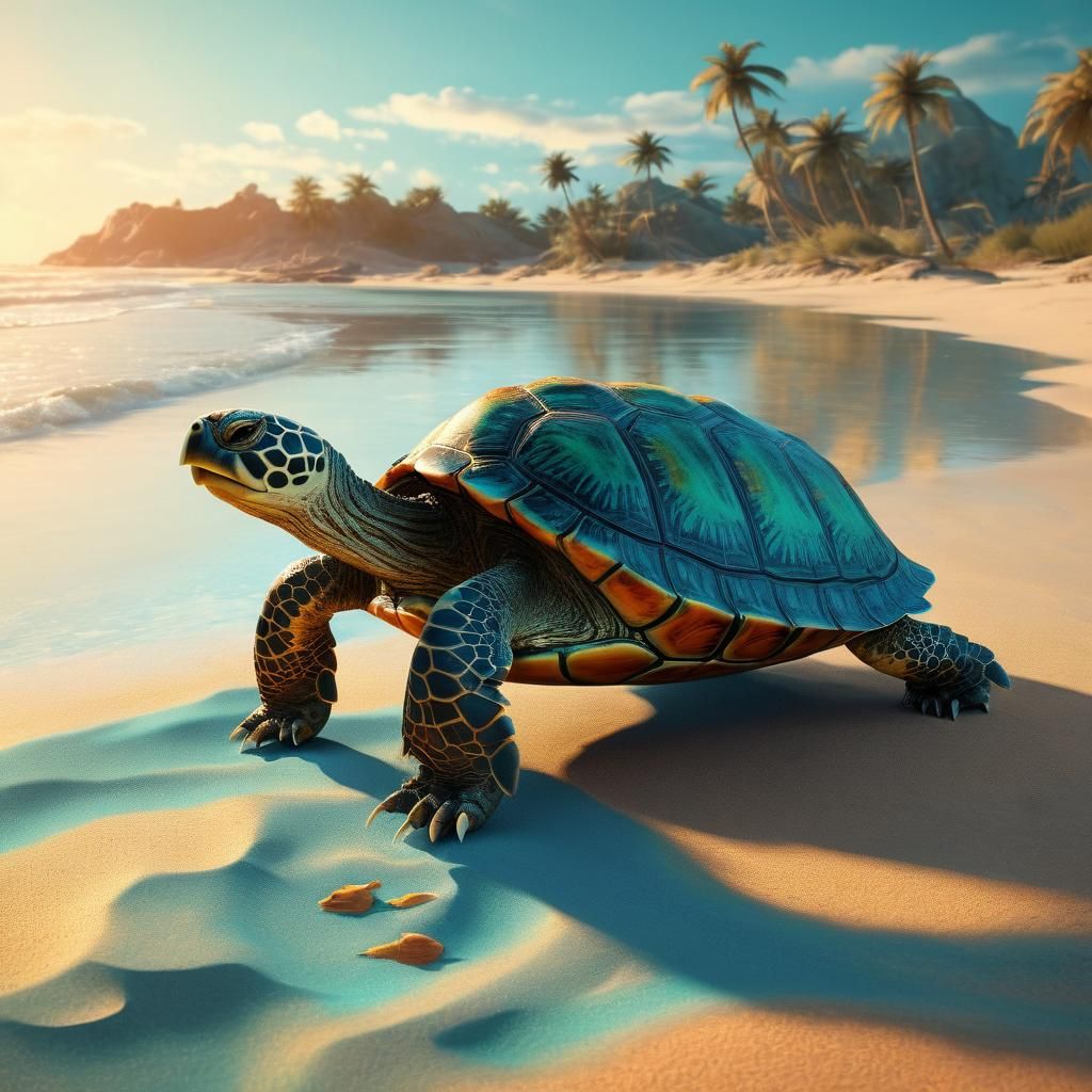 Giraffe and Turtle on Sunny Beach: Fantasy Art