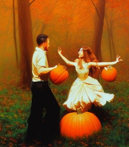 Dancing with a pumpkin in the forest of Halloween, oil painting by James Gurney