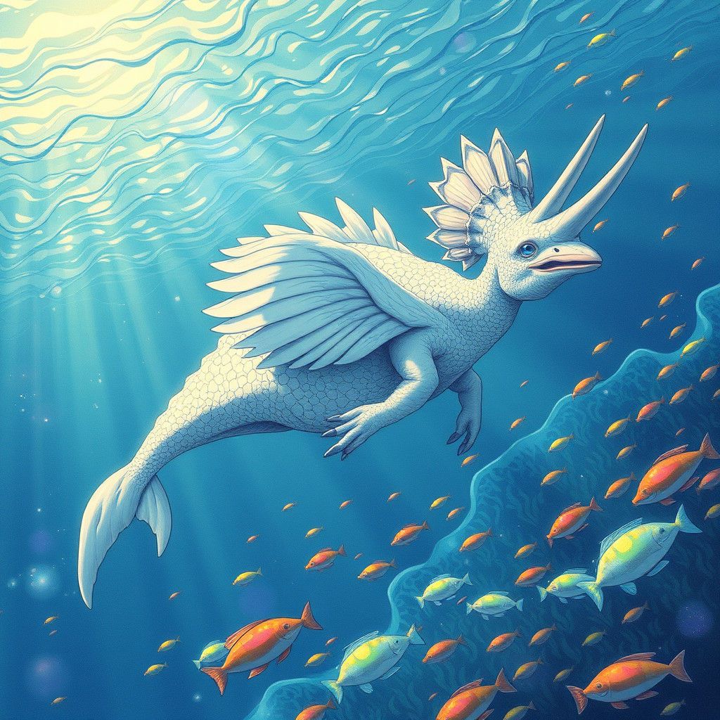 Swan-Whale Triceratops Hybrid in Dreamlike Ocean