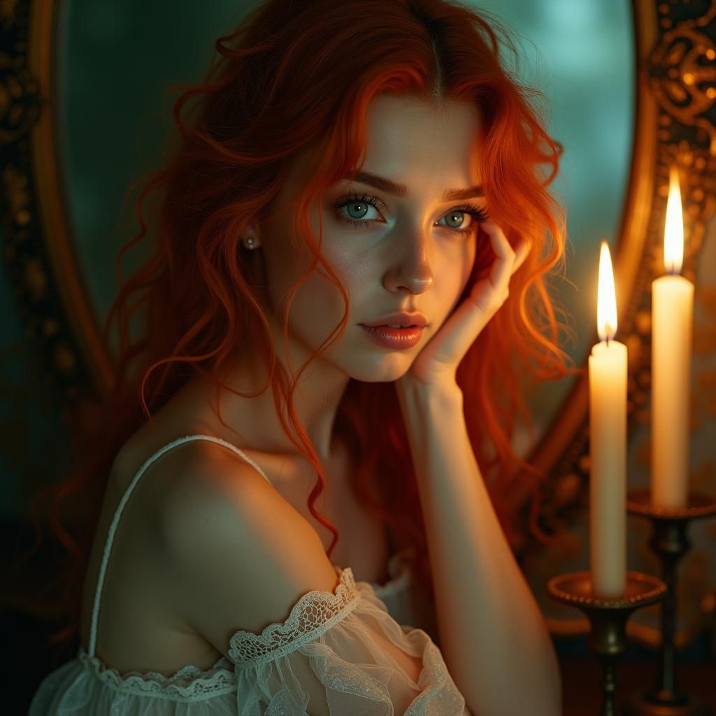 Fae Woman with Fiery Hair in Dreamlike Fantasy