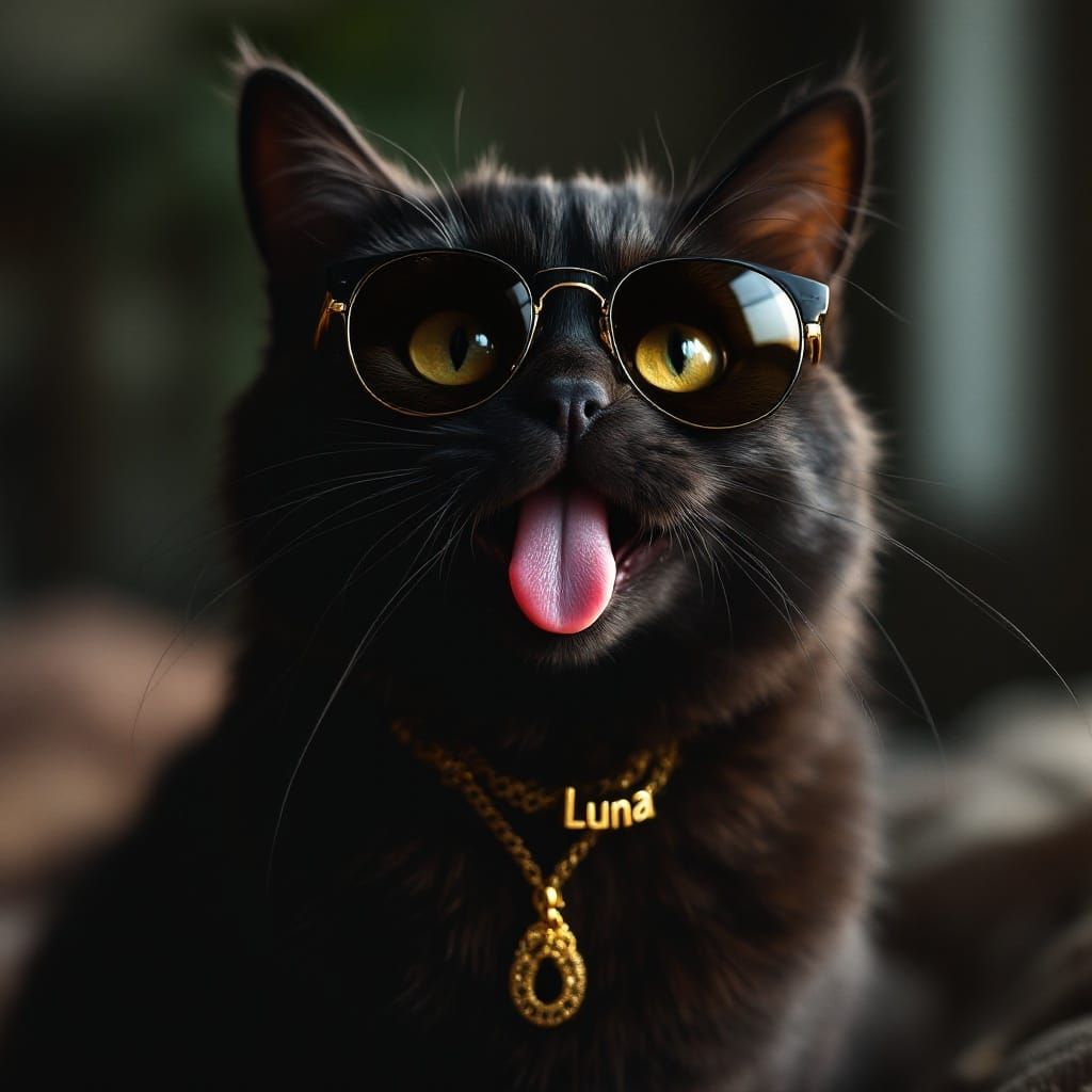 Cute Black Cat with Sunglasses Sticking Tongue Out