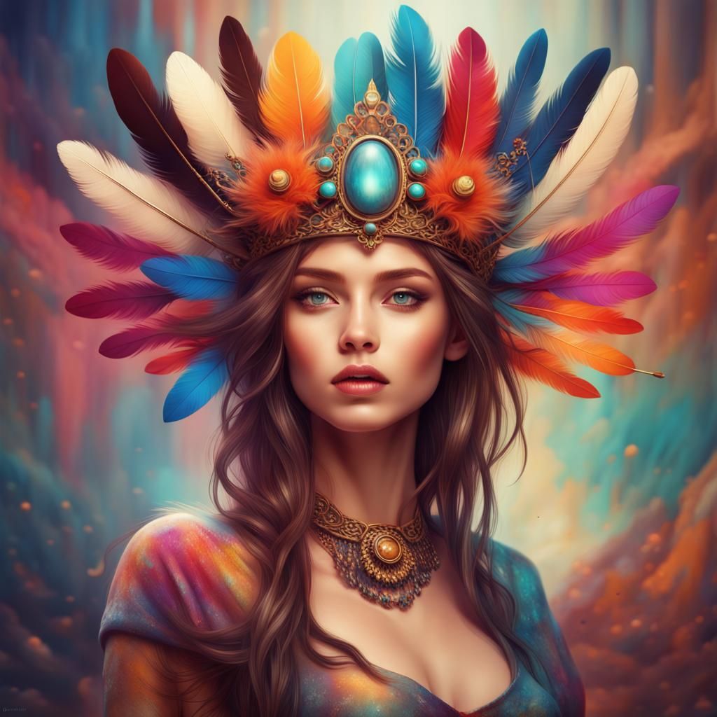 Colorful Portrait of Girl with Feather Crown