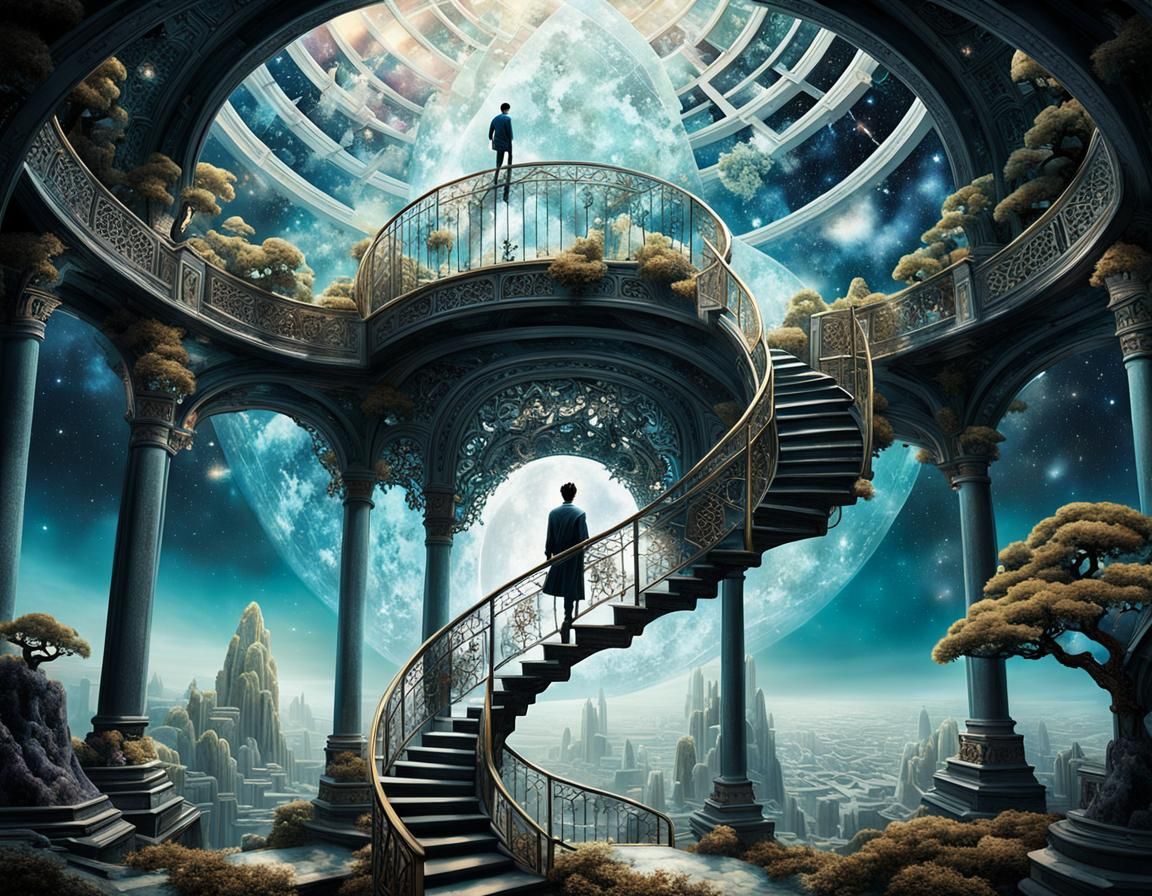 Ascension Through Celestial Gateway in Surreal Style