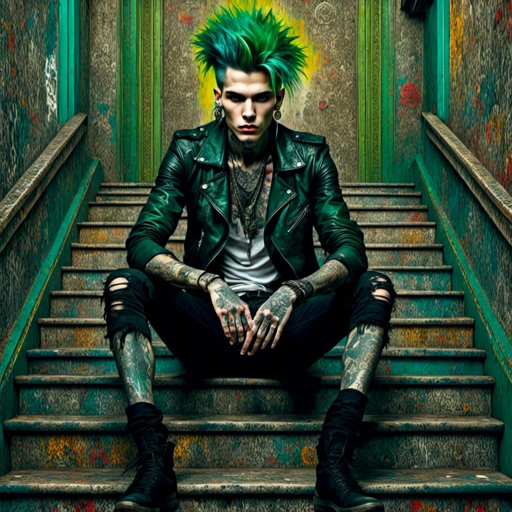 Intricate Portrait of a Punk Man with Green Hair