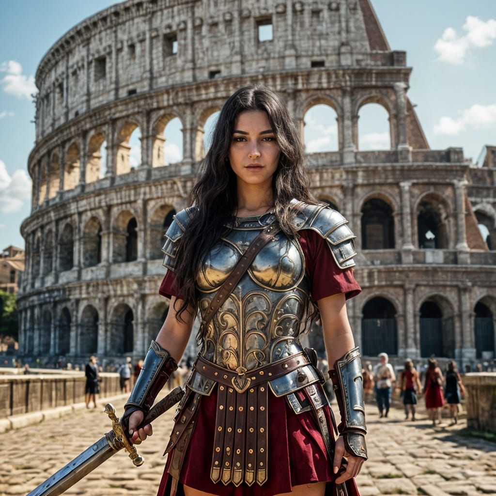 Roman Warrior Woman in Armor at Colosseum