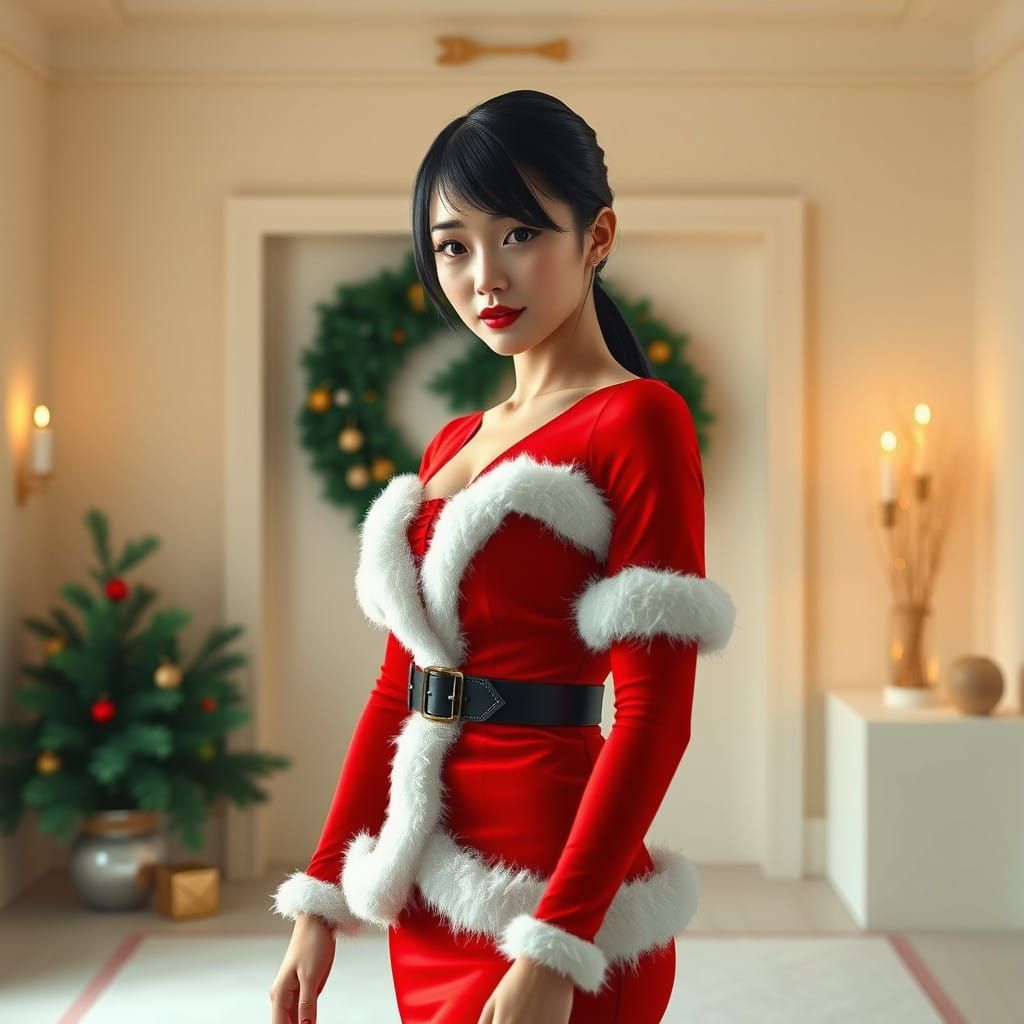 Cyberpunk Fantasy Woman in Crimson Santa Claus Dress