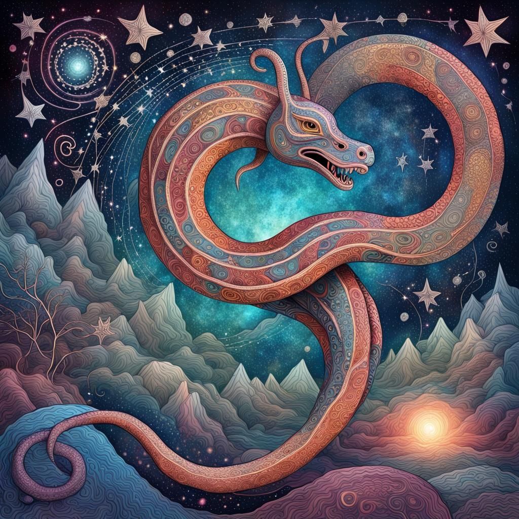 Whimsical Aboriginal Serpent in Cosmic Dreamscape