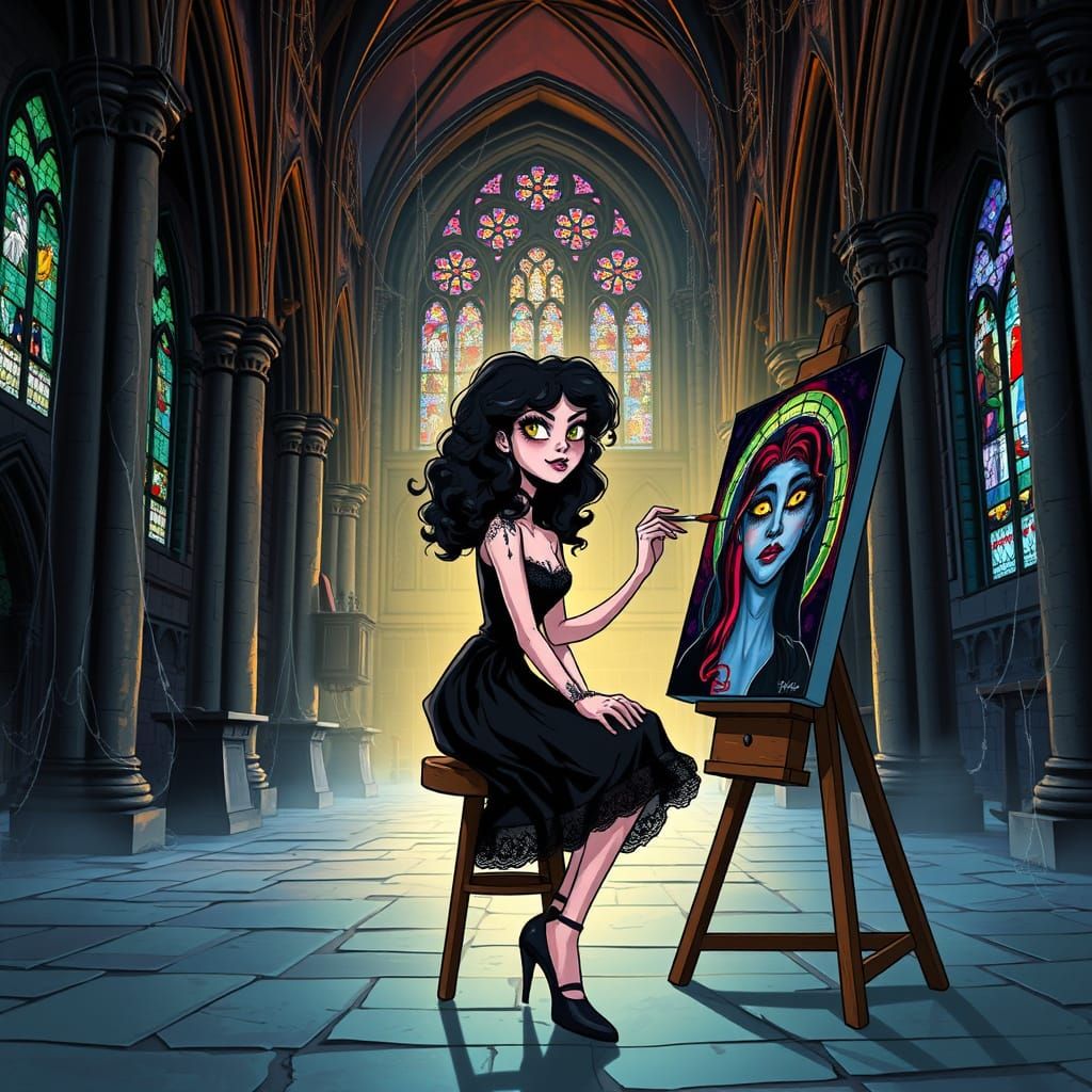 Woman Artist Paints in Haunted Gothic Church