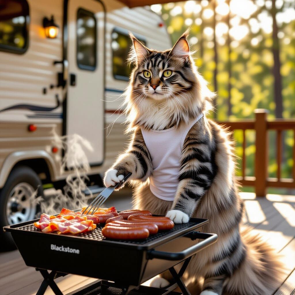 Maine Coon Cat Cooking Breakfast, Rockwell Style