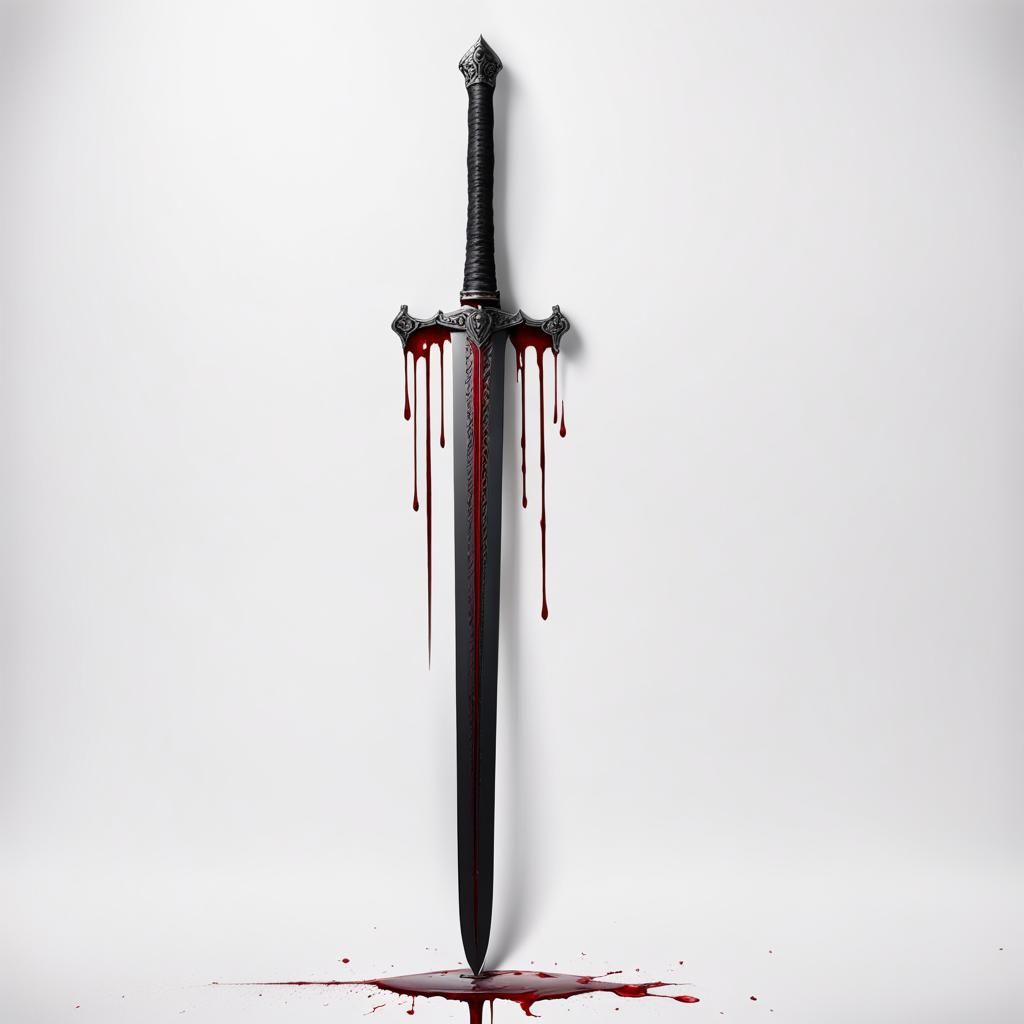 Blood-Stained Black Sword on White Background