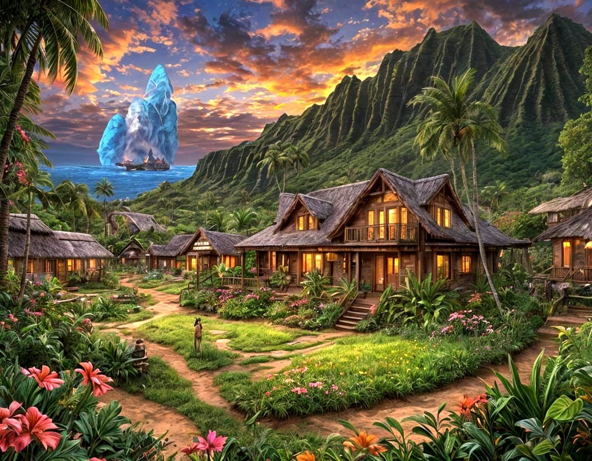 Enchanted Hawaiian Steampunk Village in Manga Style