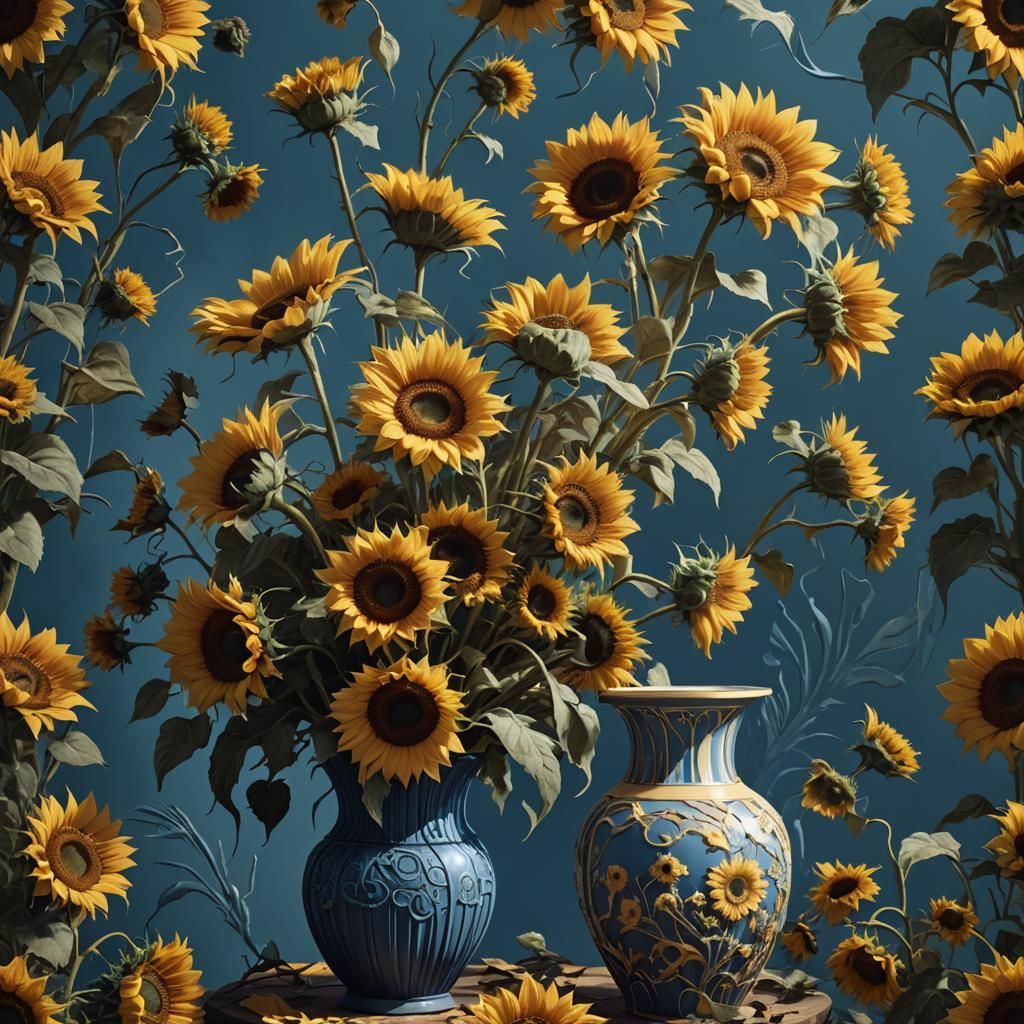 Sunflowers in Wedgewood Vase: Dark Academia Matte Painting