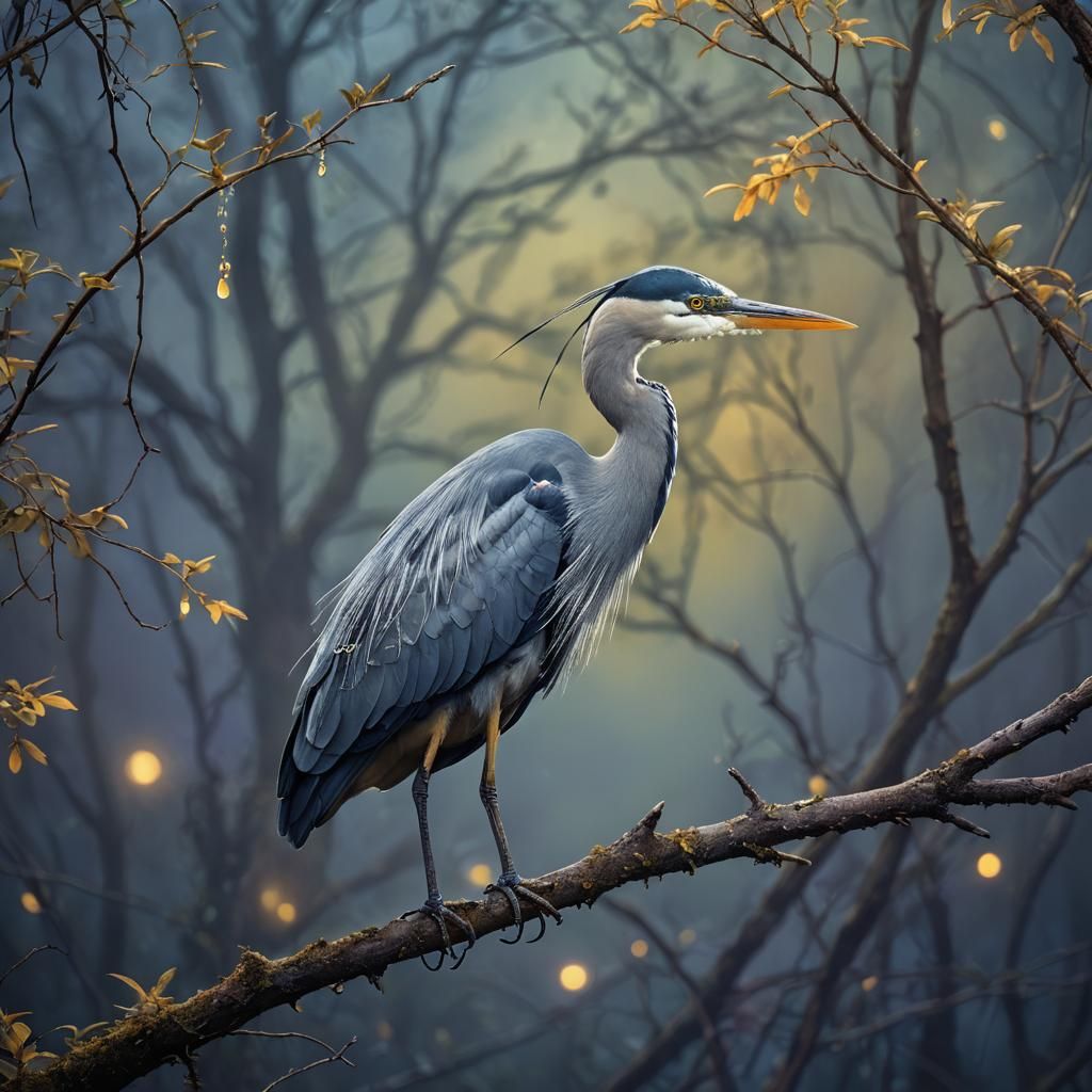 Twilight Heron Perched in Dreamy Wilderness