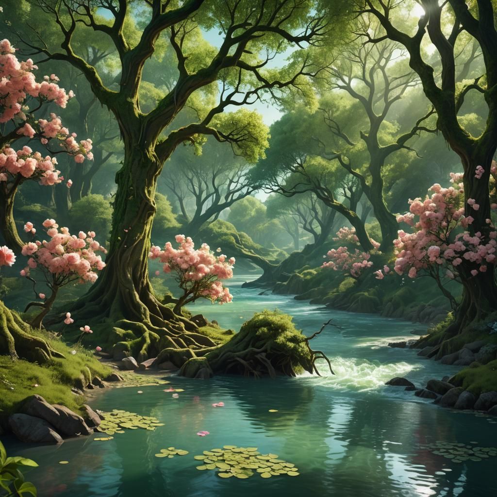 Fantastical Landscape Painting with River and Pink Trees