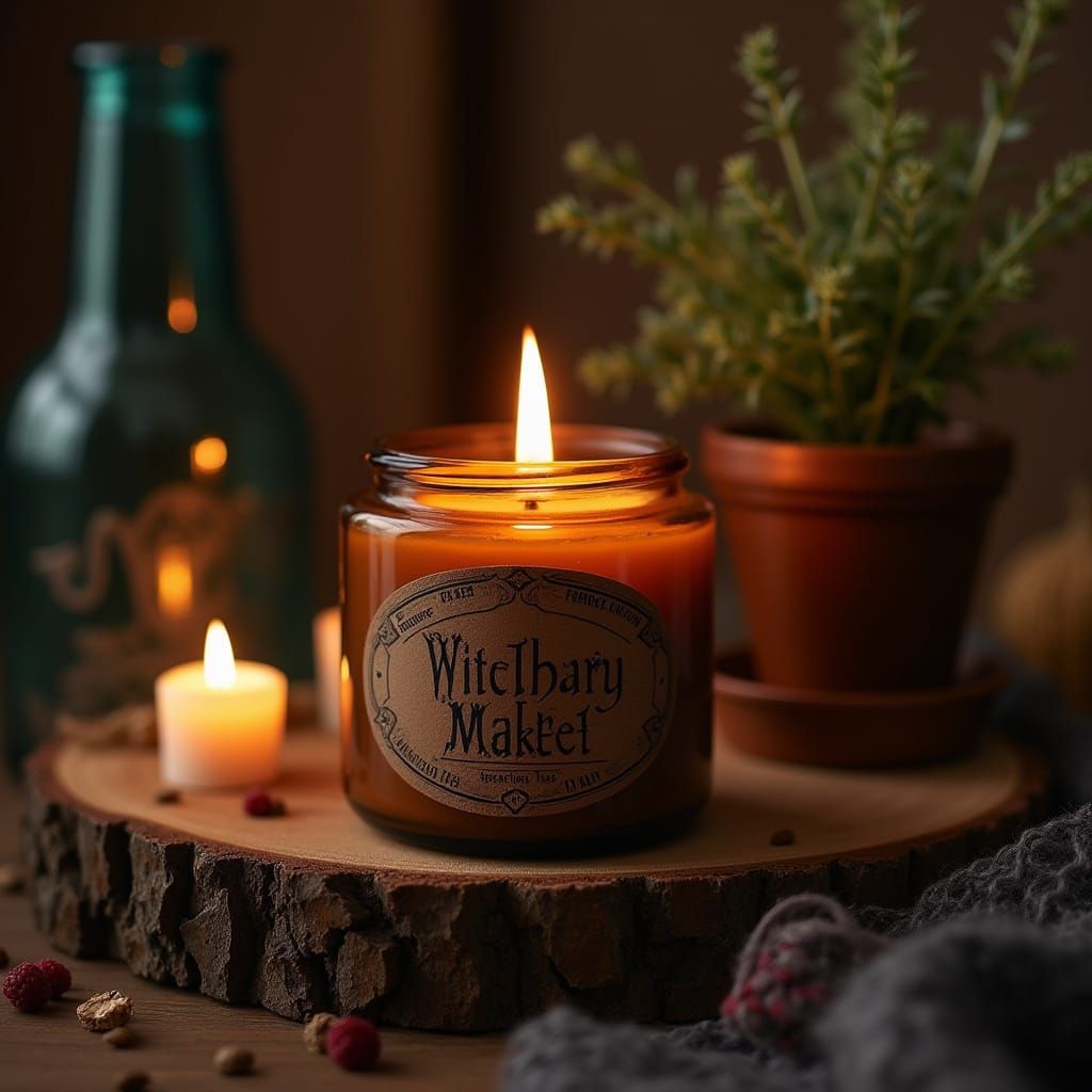 Candle Jar in Warm Brown with Elegant Label on Wooden Surfac...