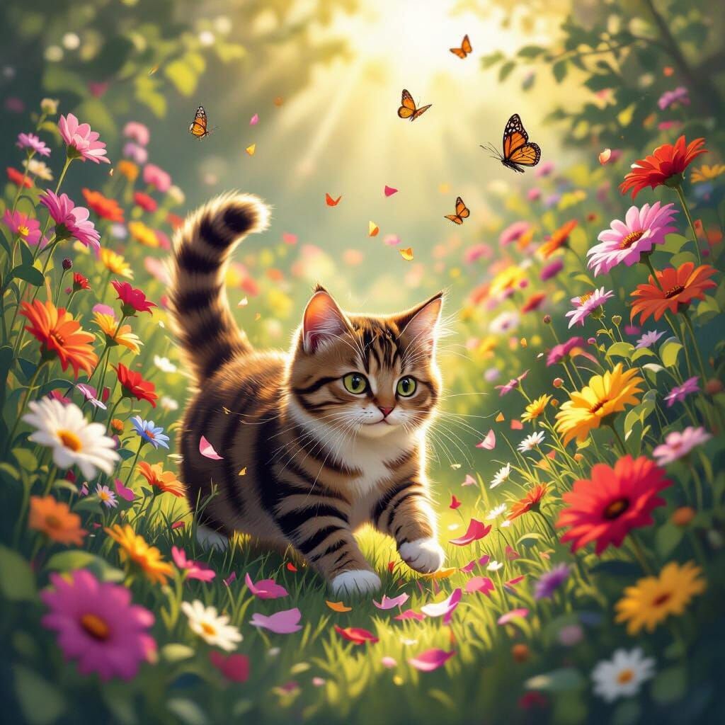 Mischievous Tabby Cat in Vibrant Flower Bed