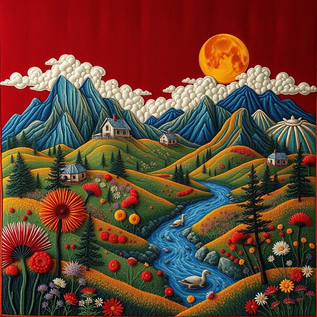 Fantasy Landscape Embroidered with Digital Artistry