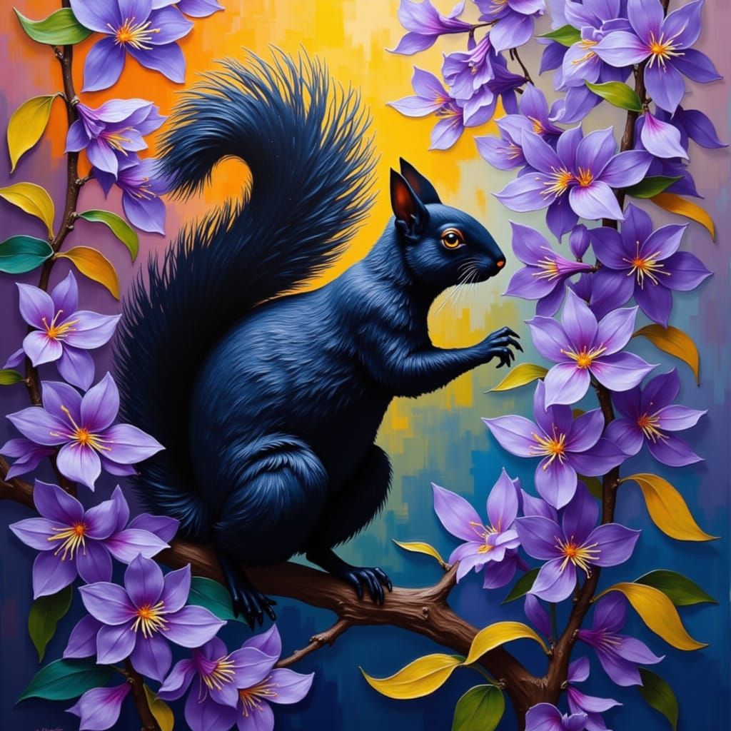 Black Squirrel in Jacaranda Tree, Contemporary Art Style