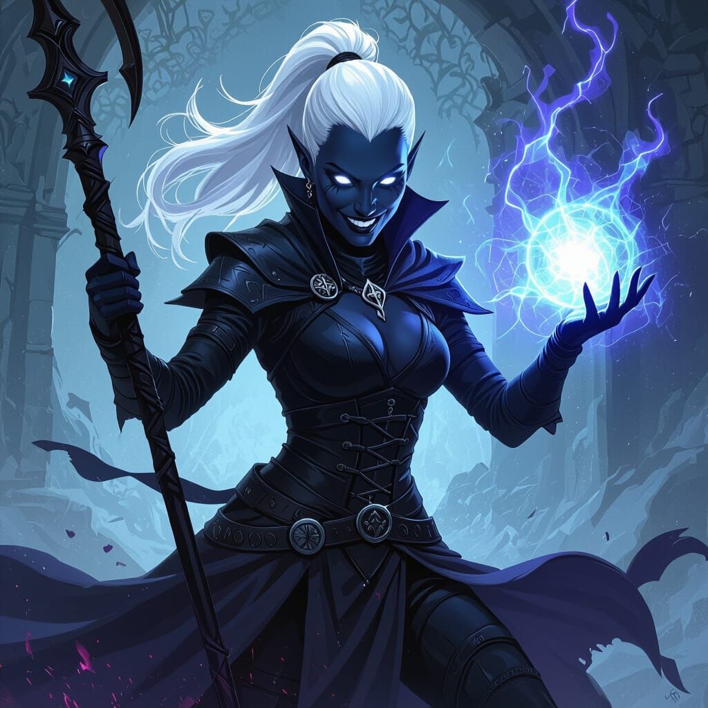 Drow Warlock Casting Eldritch Blast in Dark Fantasy Style