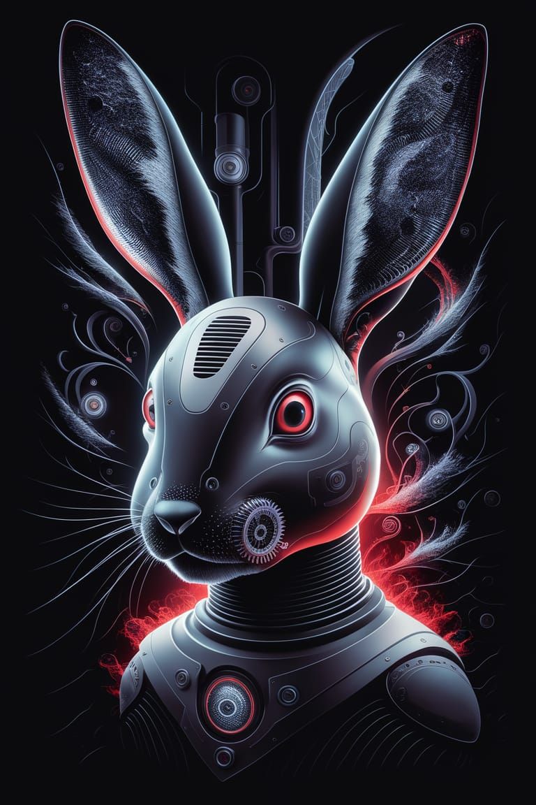 Futuristic Cybernetic Rabbit Portrait with Red Accents