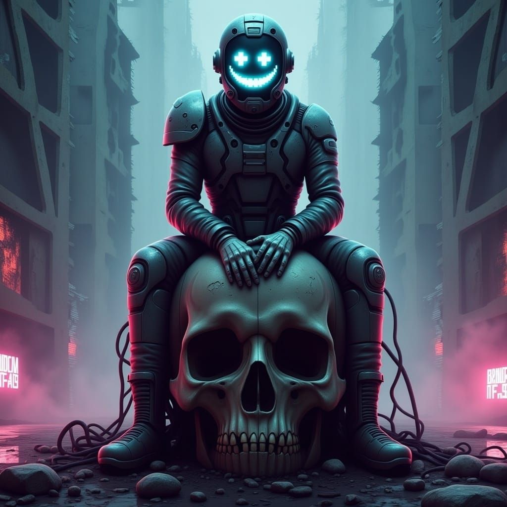 Cyberpunk Figure on Skull in Neon Metropolis