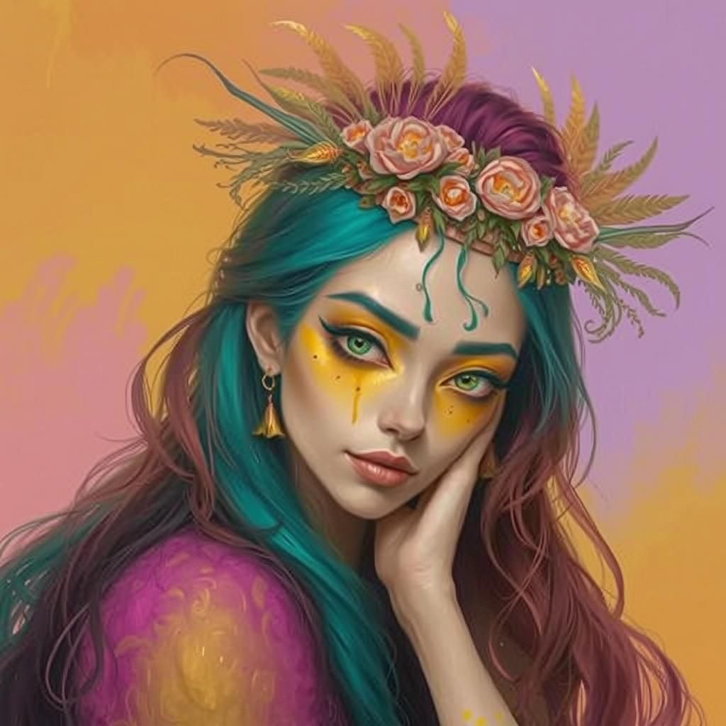 Woman with Peacock Feather Hairstyle in Splash Art Style