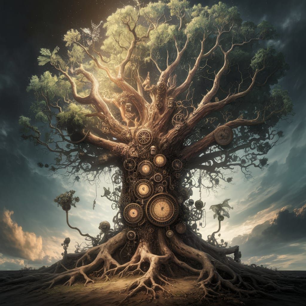 Colossal Steampunk Tree in Abstract Surrealism Style
