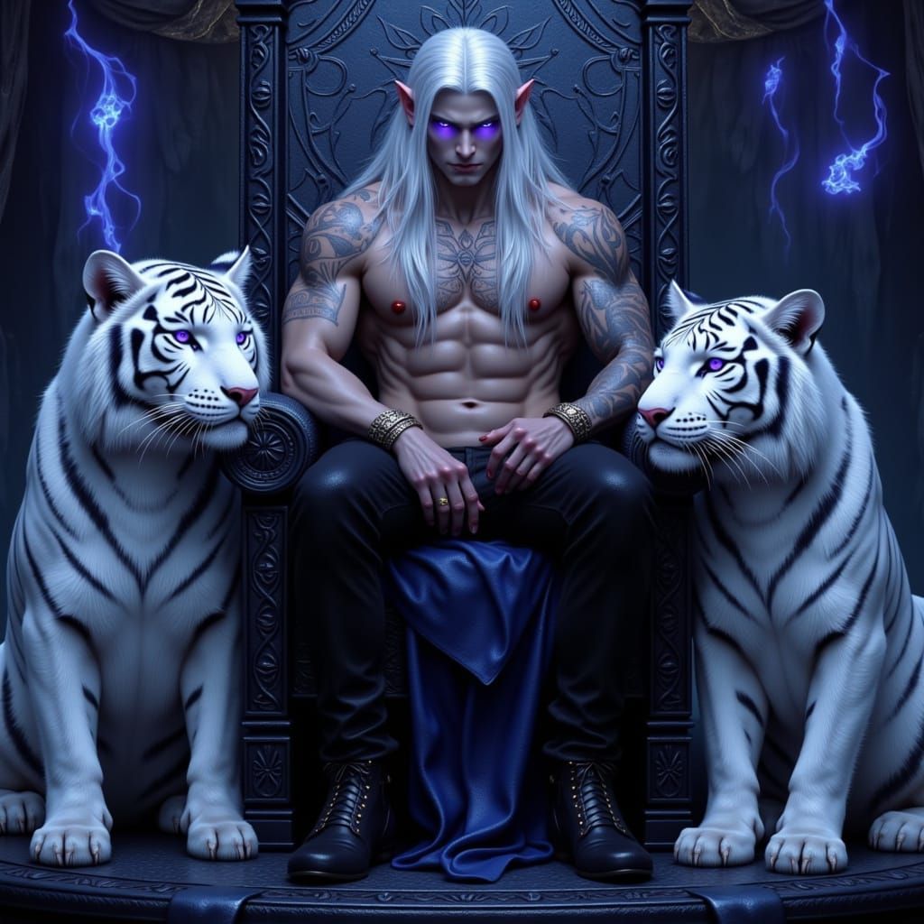 Drow Prince with White Tigers in Mystical Cavern Digital Pai...