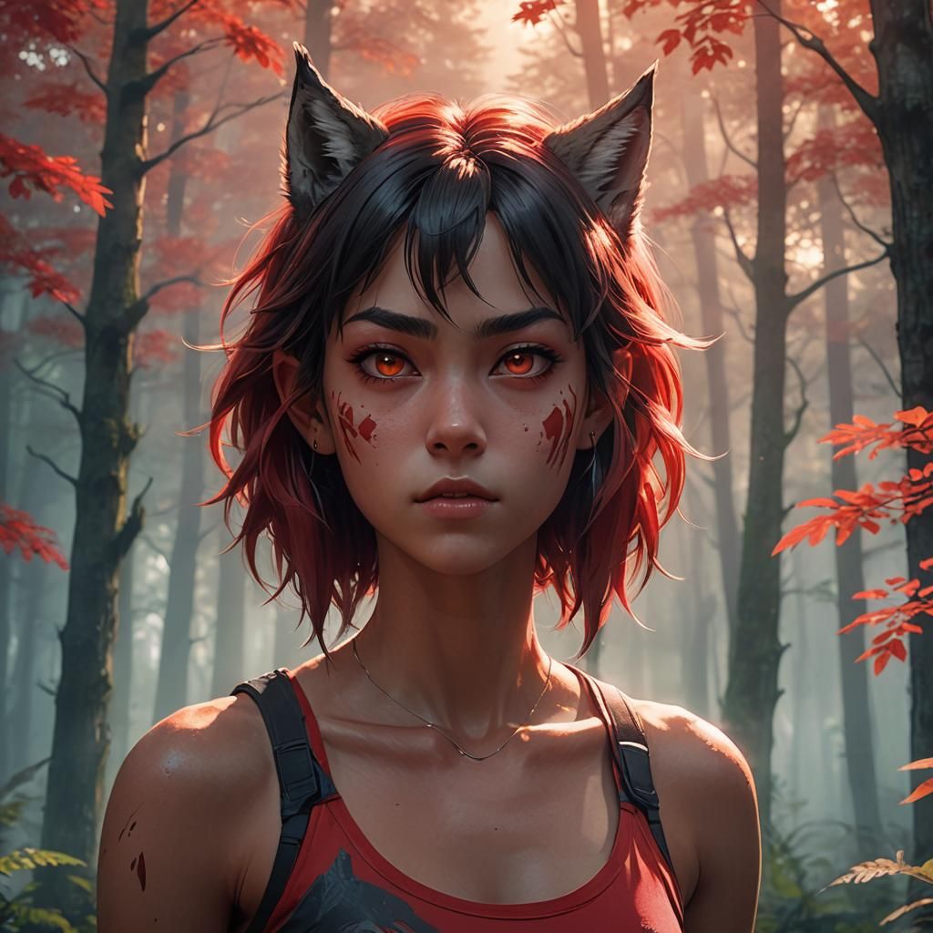 Anime Werewolf Girl in Misty Forest